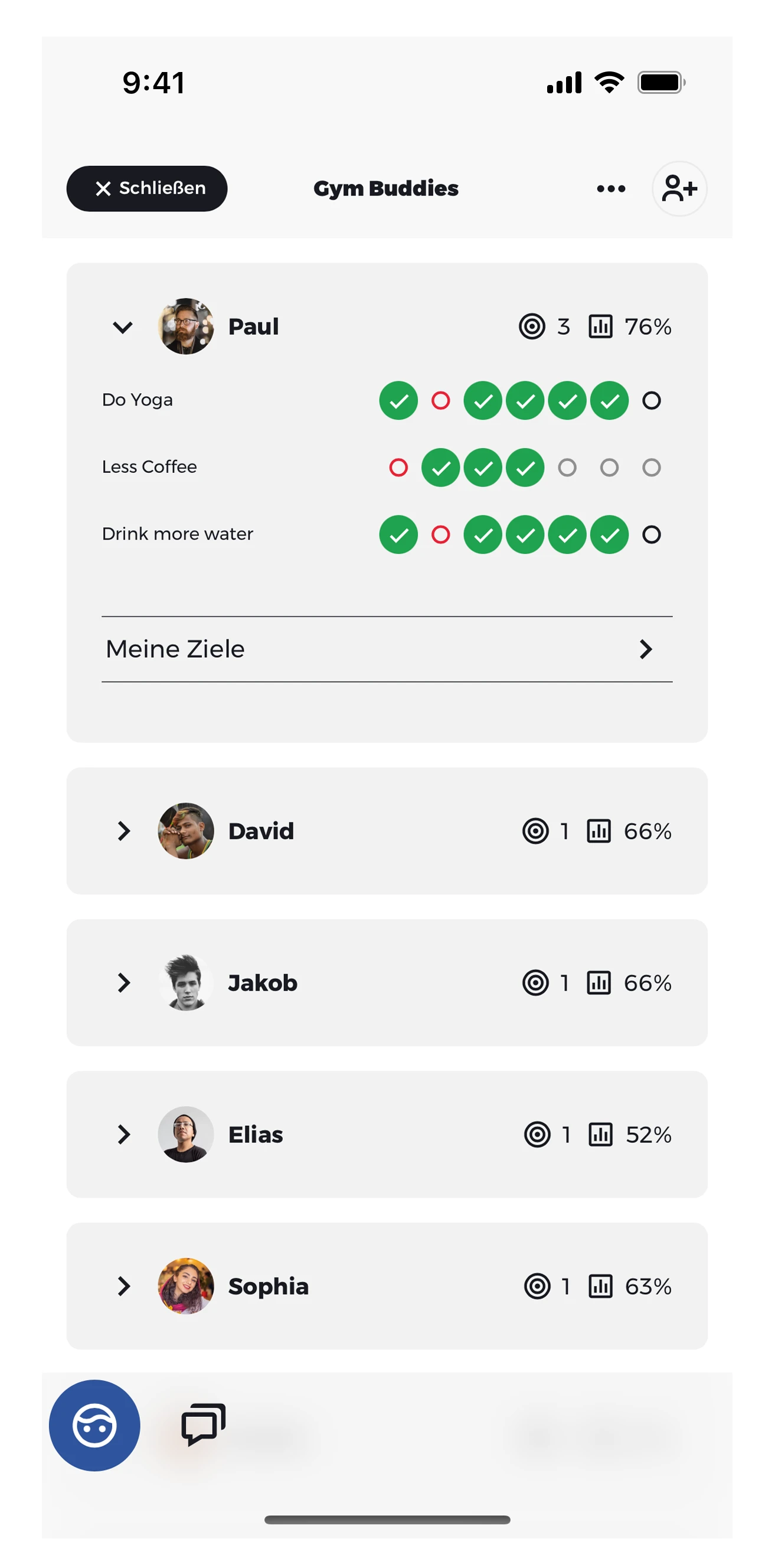 Bilde Gruppen, teile deinen Fortschritt und hol dir im Chat noch mehr Motivation.